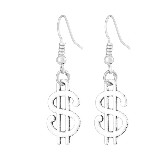 Y2K Dollar Sign Money Sign $ Dangle Earrings Silver Colored - Picture 2 of 3